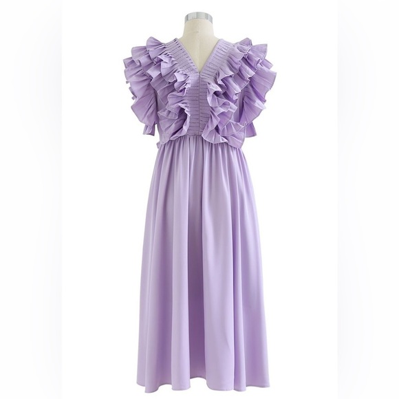 PLEATED RUFFLE BUTTONED DEEP V-NECK DRESS IN LILAC - Picture 11 of 14